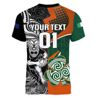 New Zealand and Ireland Rugby Women V Neck T Shirt Silver Fern With Shamrock 2023 World Cup LT01 - Polynesian Pride