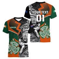 New Zealand and Ireland Rugby Women V Neck T Shirt Silver Fern With Shamrock 2023 World Cup LT01 - Polynesian Pride