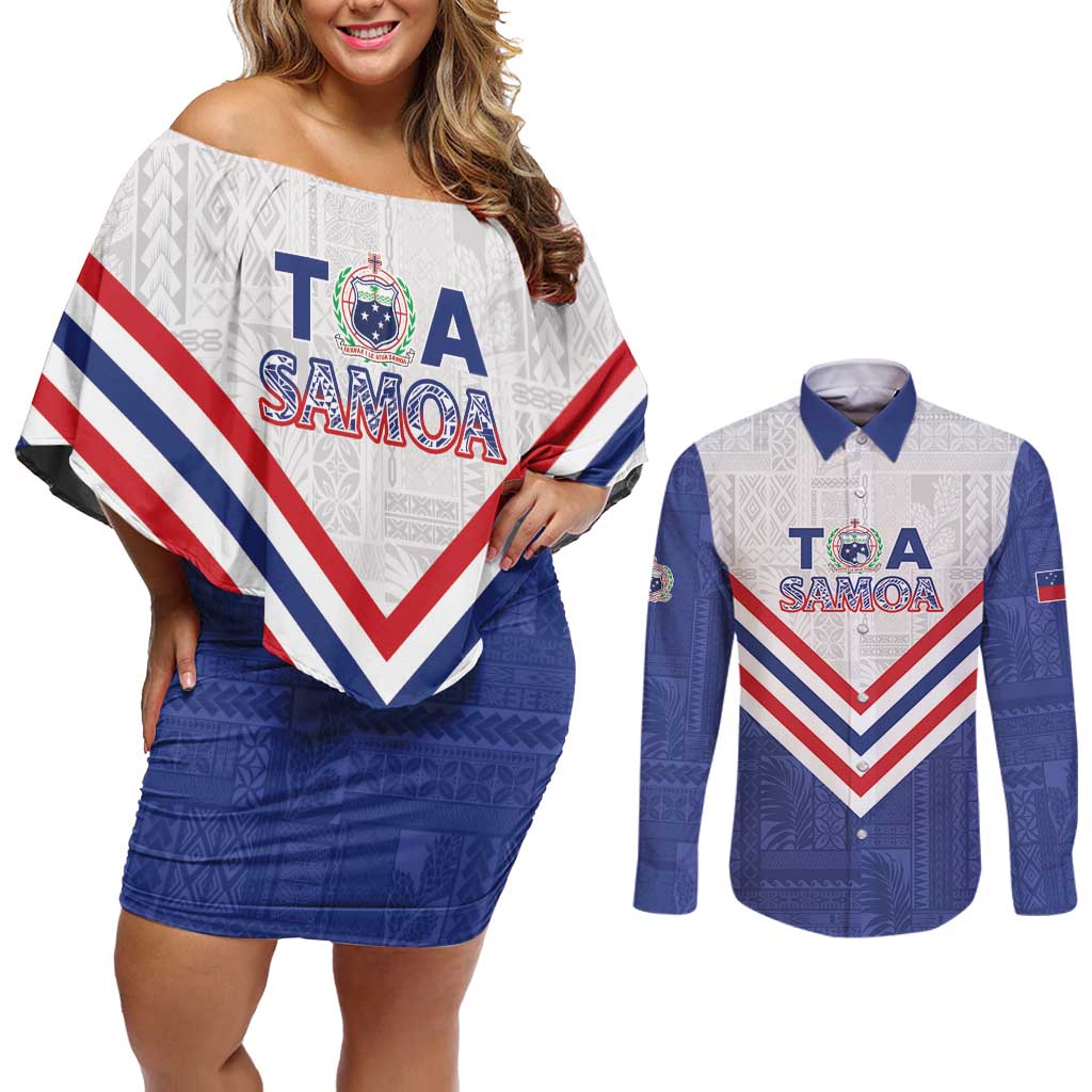 Custom Toa Samoa Rugby Couples Matching Off Shoulder Short Dress and Long Sleeve Button Shirt 1992-1993 Special Edition - Polynesian Pride