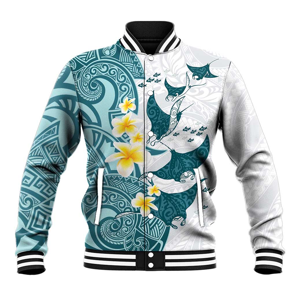 Maori Manta Ray Plumeria Teal Baseball Jacket LT01 Unisex Teal - Polynesian Pride