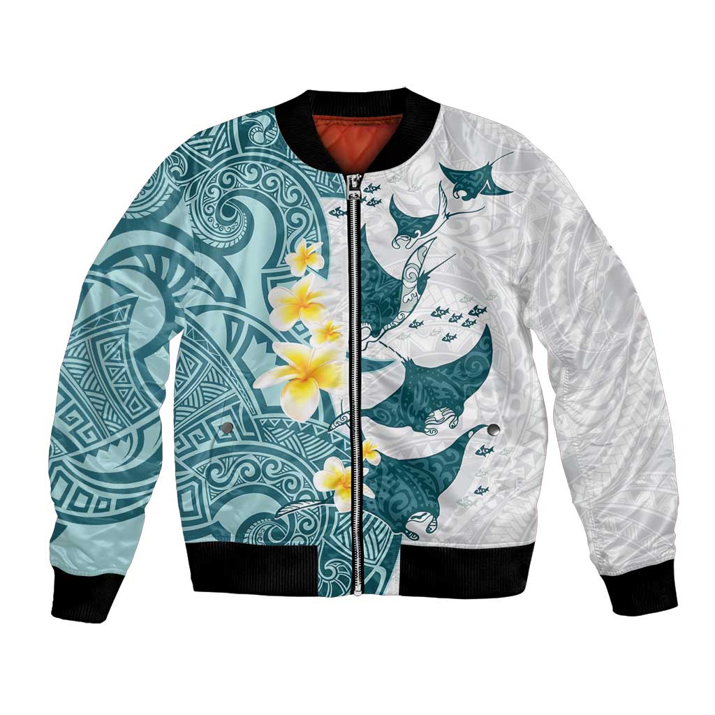 Maori Manta Ray Plumeria Teal Bomber Jacket