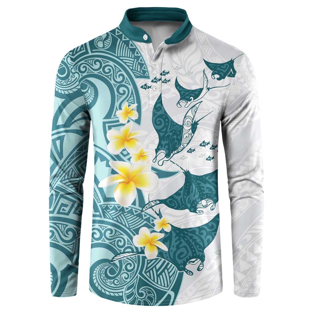 Maori Manta Ray Plumeria Teal Button Sweatshirt
