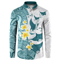 Maori Manta Ray Plumeria Teal Button Sweatshirt