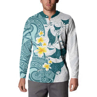 Maori Manta Ray Plumeria Teal Button Sweatshirt