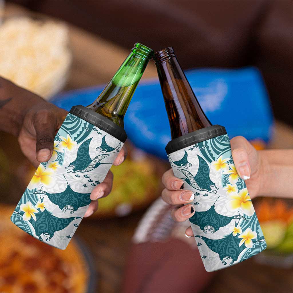 Maori Manta Ray Plumeria Teal 4 in 1 Can Cooler Tumbler