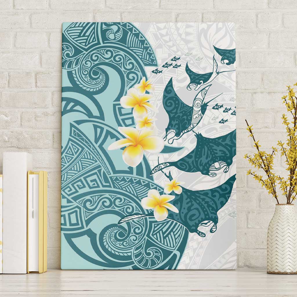 Maori Manta Ray Plumeria Teal Canvas Wall Art