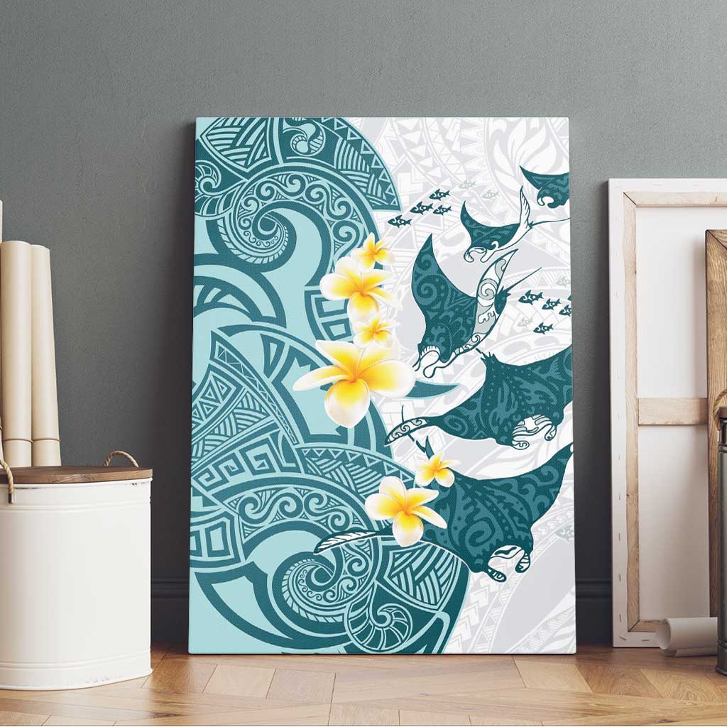 Maori Manta Ray Plumeria Teal Canvas Wall Art LT01 - Polynesian Pride