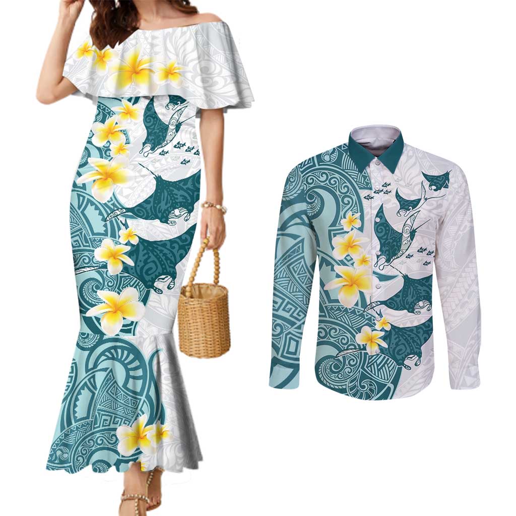 Maori Manta Ray Plumeria Teal Couples Matching Mermaid Dress and Long Sleeve Button Shirt LT01 Teal - Polynesian Pride