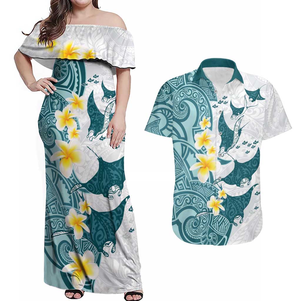 Maori Manta Ray Plumeria Teal Couples Matching Off Shoulder Maxi Dress and Hawaiian Shirt