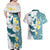 Maori Manta Ray Plumeria Teal Couples Matching Off Shoulder Maxi Dress and Hawaiian Shirt