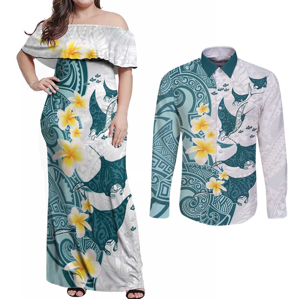 Maori Manta Ray Plumeria Teal Couples Matching Off Shoulder Maxi Dress and Long Sleeve Button Shirt LT01 Teal - Polynesian Pride