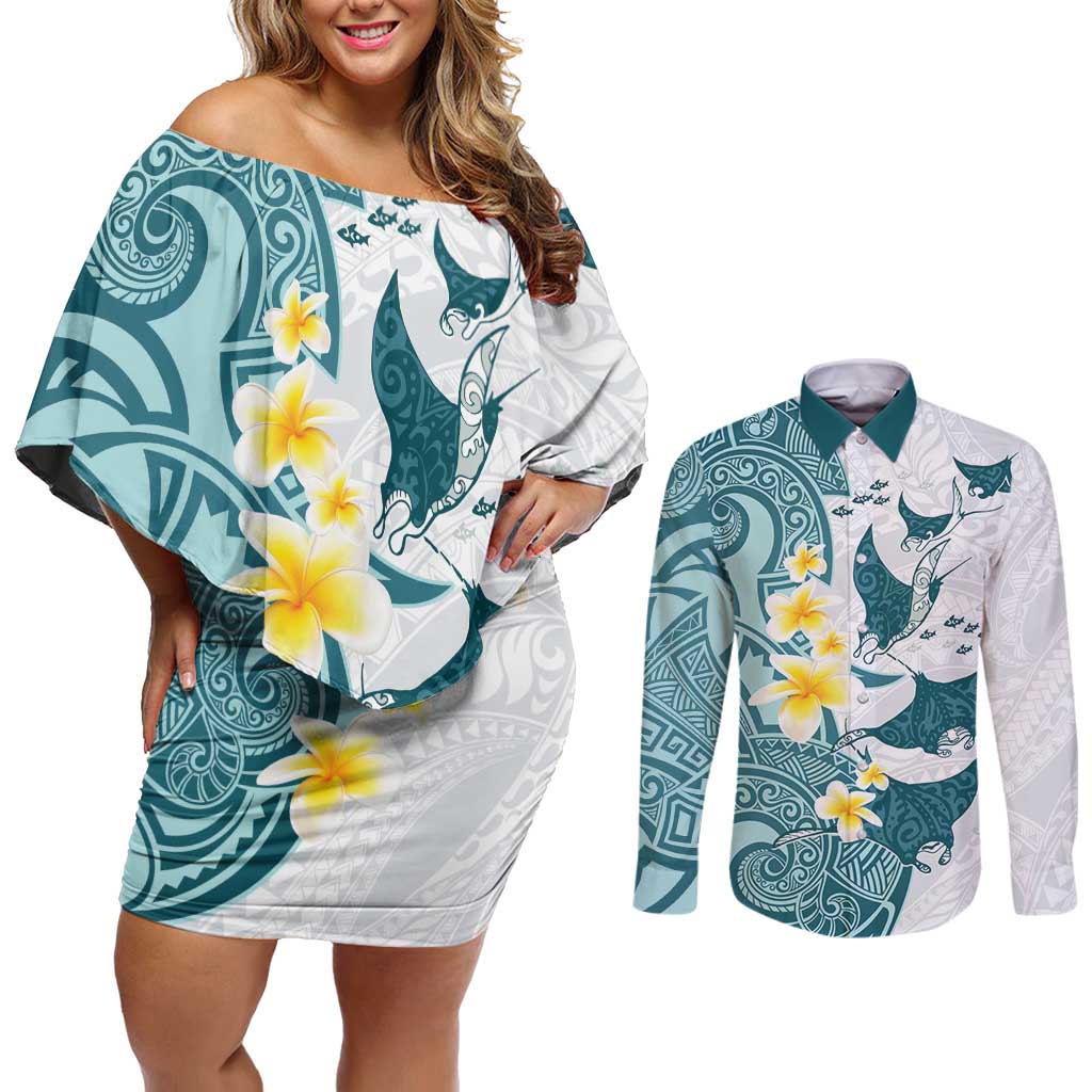 Maori Manta Ray Plumeria Teal Couples Matching Off Shoulder Short Dress and Long Sleeve Button Shirt LT01 Teal - Polynesian Pride