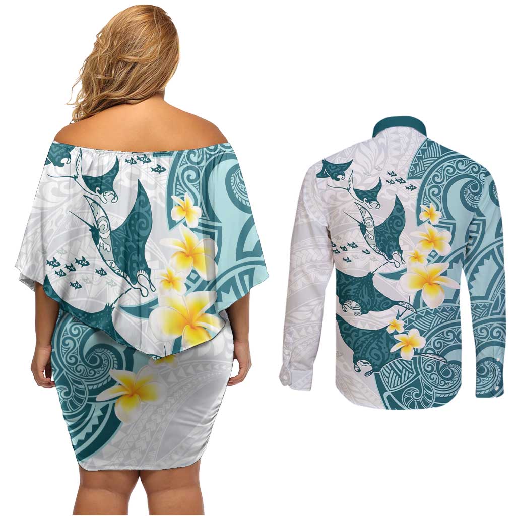 Maori Manta Ray Plumeria Teal Couples Matching Off Shoulder Short Dress and Long Sleeve Button Shirt LT01 - Polynesian Pride