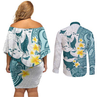 Maori Manta Ray Plumeria Teal Couples Matching Off Shoulder Short Dress and Long Sleeve Button Shirt LT01 - Polynesian Pride