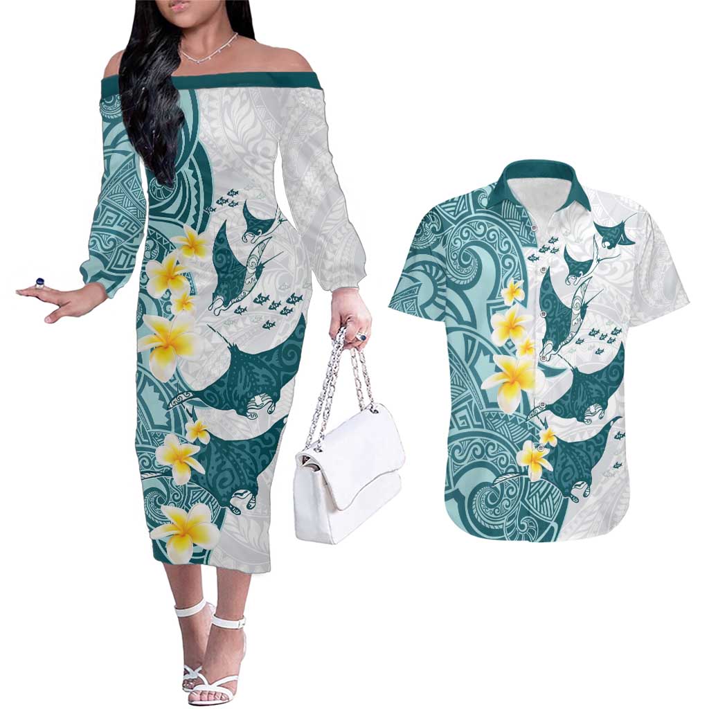 Maori Manta Ray Plumeria Teal Couples Matching Off The Shoulder Long Sleeve Dress and Hawaiian Shirt