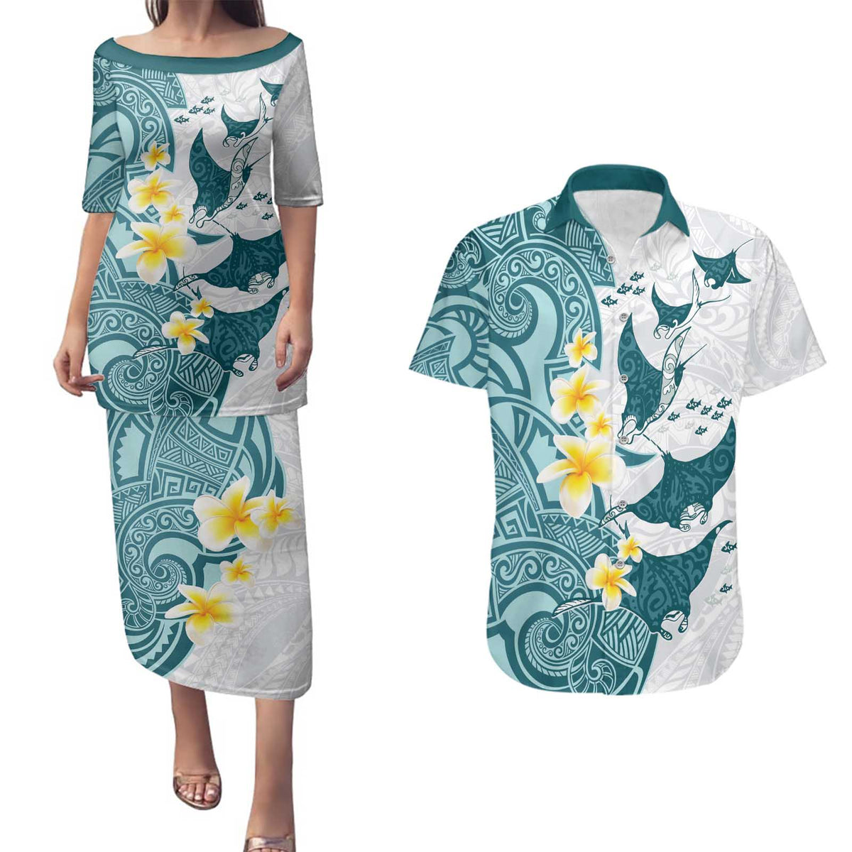 Maori Manta Ray Plumeria Teal Couples Matching Puletasi and Hawaiian Shirt LT01 Teal - Polynesian Pride