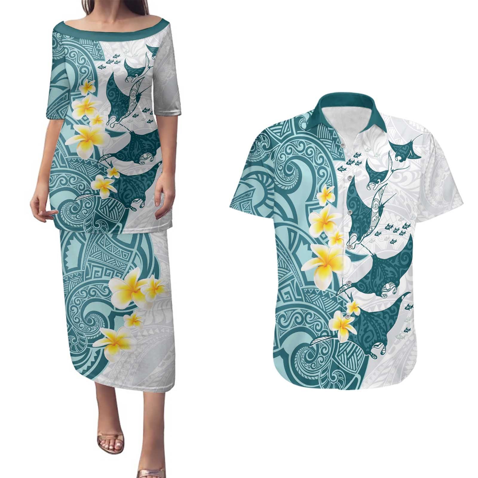 Maori Manta Ray Plumeria Teal Couples Matching Puletasi and Hawaiian Shirt LT01 Teal - Polynesian Pride