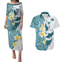 Maori Manta Ray Plumeria Teal Couples Matching Puletasi and Hawaiian Shirt LT01 Teal - Polynesian Pride