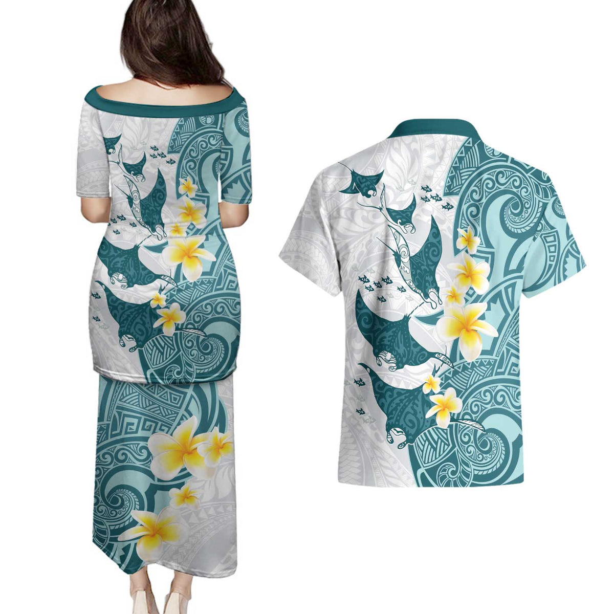 Maori Manta Ray Plumeria Teal Couples Matching Puletasi and Hawaiian Shirt LT01 - Polynesian Pride
