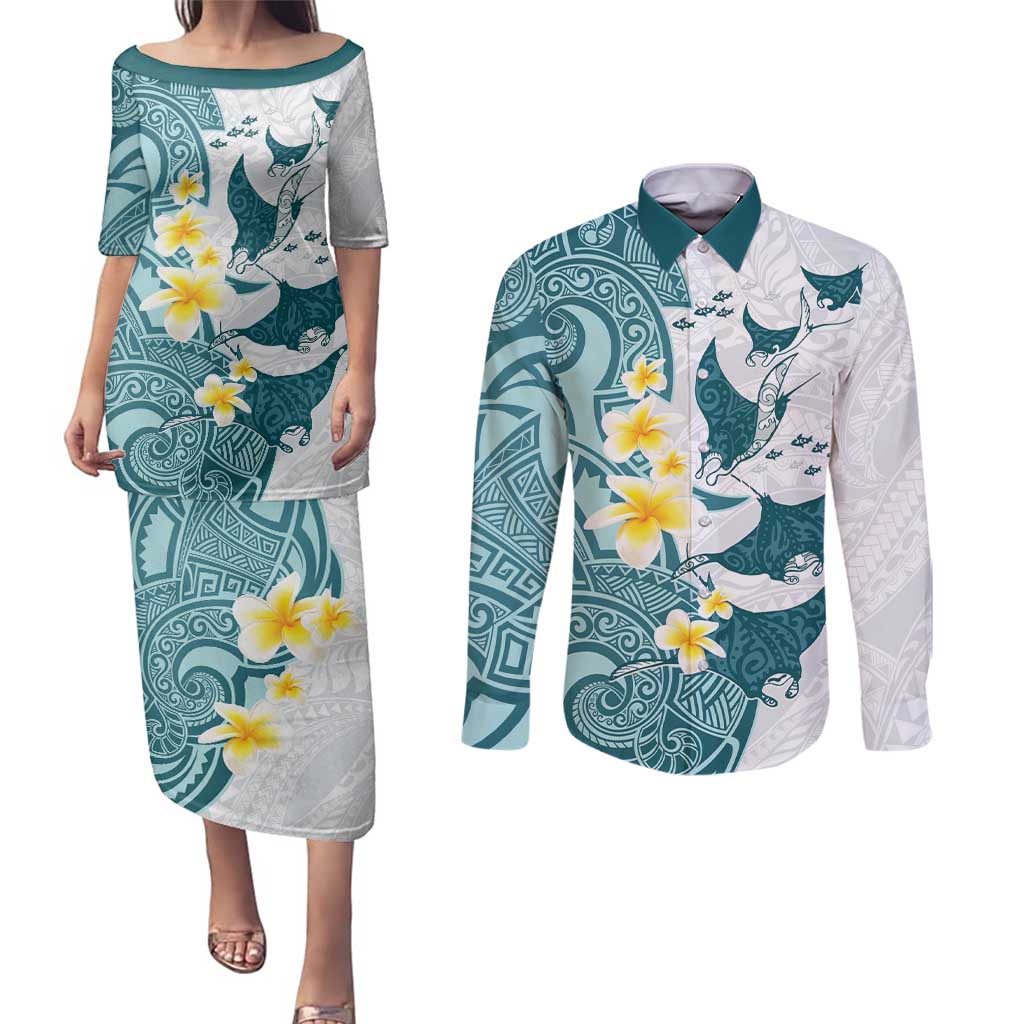 Maori Manta Ray Plumeria Teal Couples Matching Puletasi and Long Sleeve Button Shirt LT01 Teal - Polynesian Pride