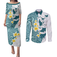 Maori Manta Ray Plumeria Teal Couples Matching Puletasi and Long Sleeve Button Shirt LT01 Teal - Polynesian Pride