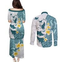 Maori Manta Ray Plumeria Teal Couples Matching Puletasi and Long Sleeve Button Shirt LT01 - Polynesian Pride