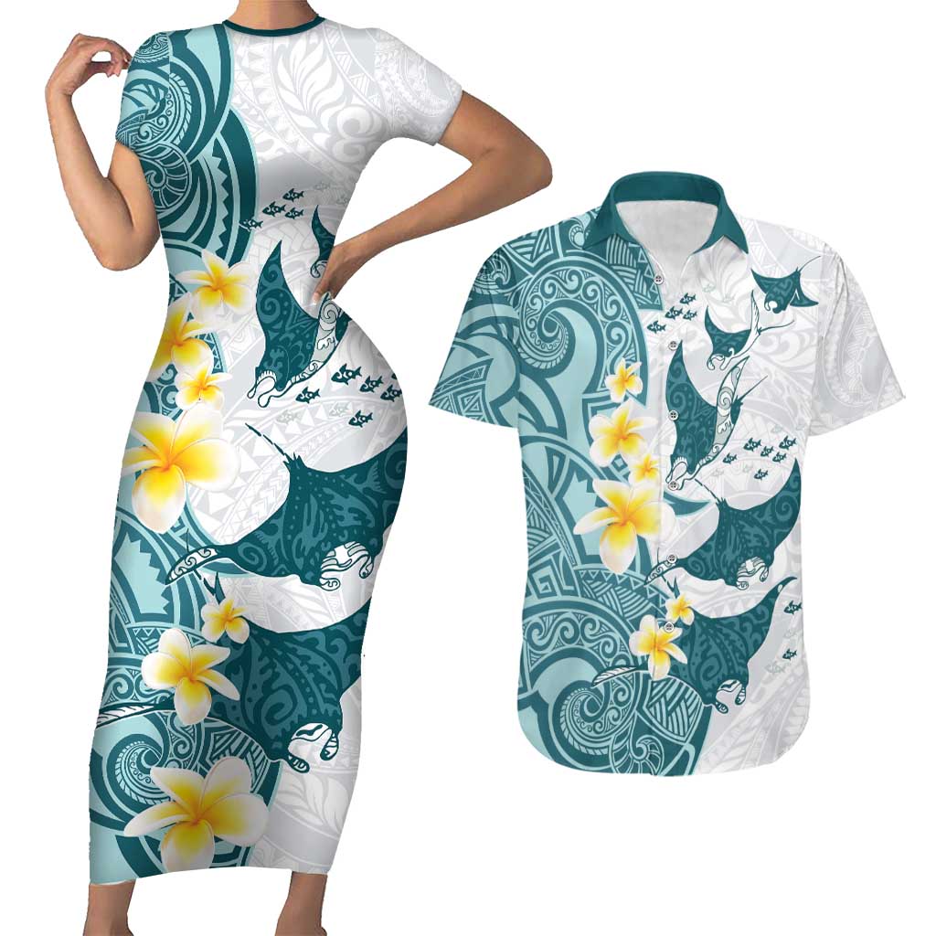 Maori Manta Ray Plumeria Teal Couples Matching Short Sleeve Bodycon Dress and Hawaiian Shirt