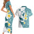 Maori Manta Ray Plumeria Teal Couples Matching Short Sleeve Bodycon Dress and Hawaiian Shirt