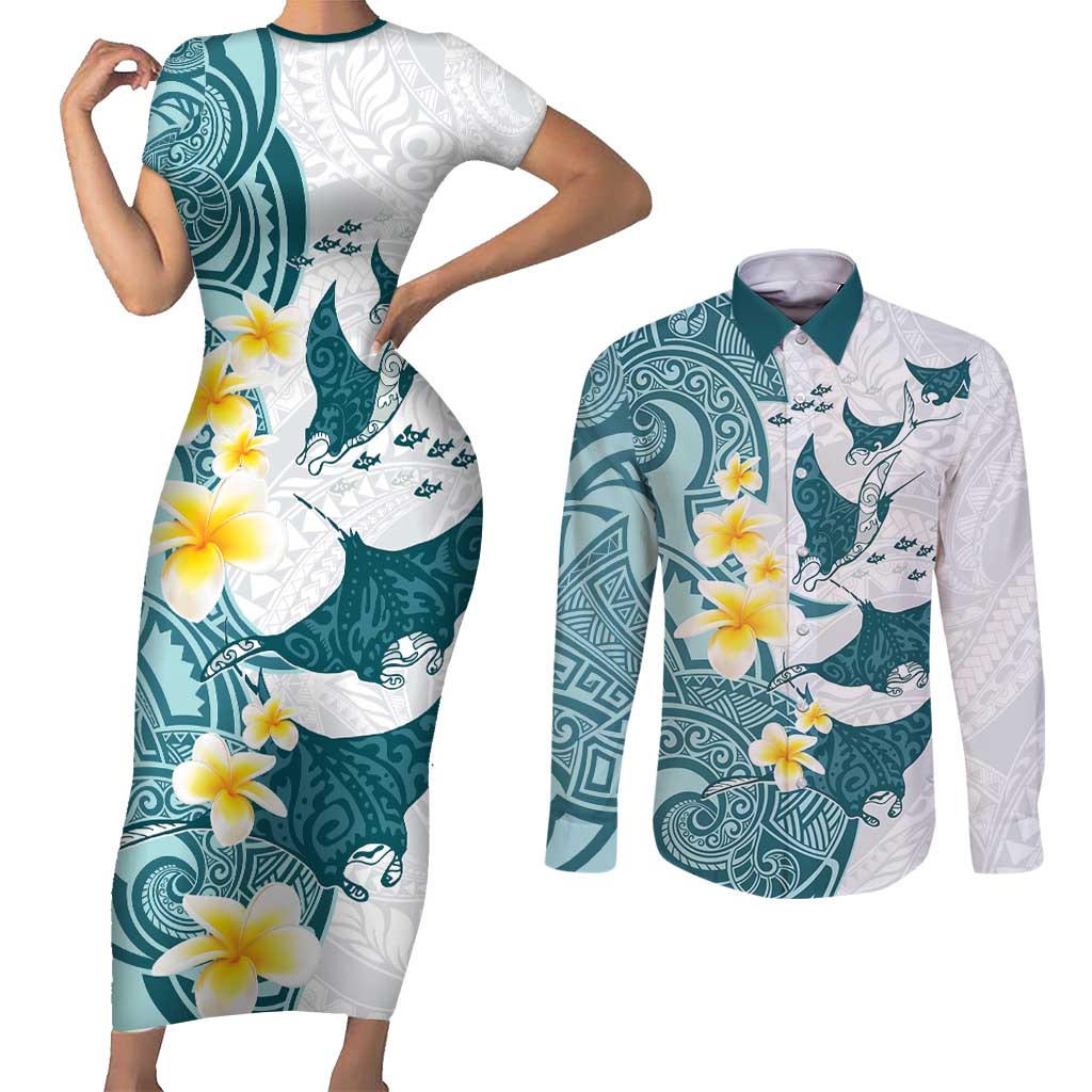 Maori Manta Ray Plumeria Teal Couples Matching Short Sleeve Bodycon Dress and Long Sleeve Button Shirt LT01 Teal - Polynesian Pride