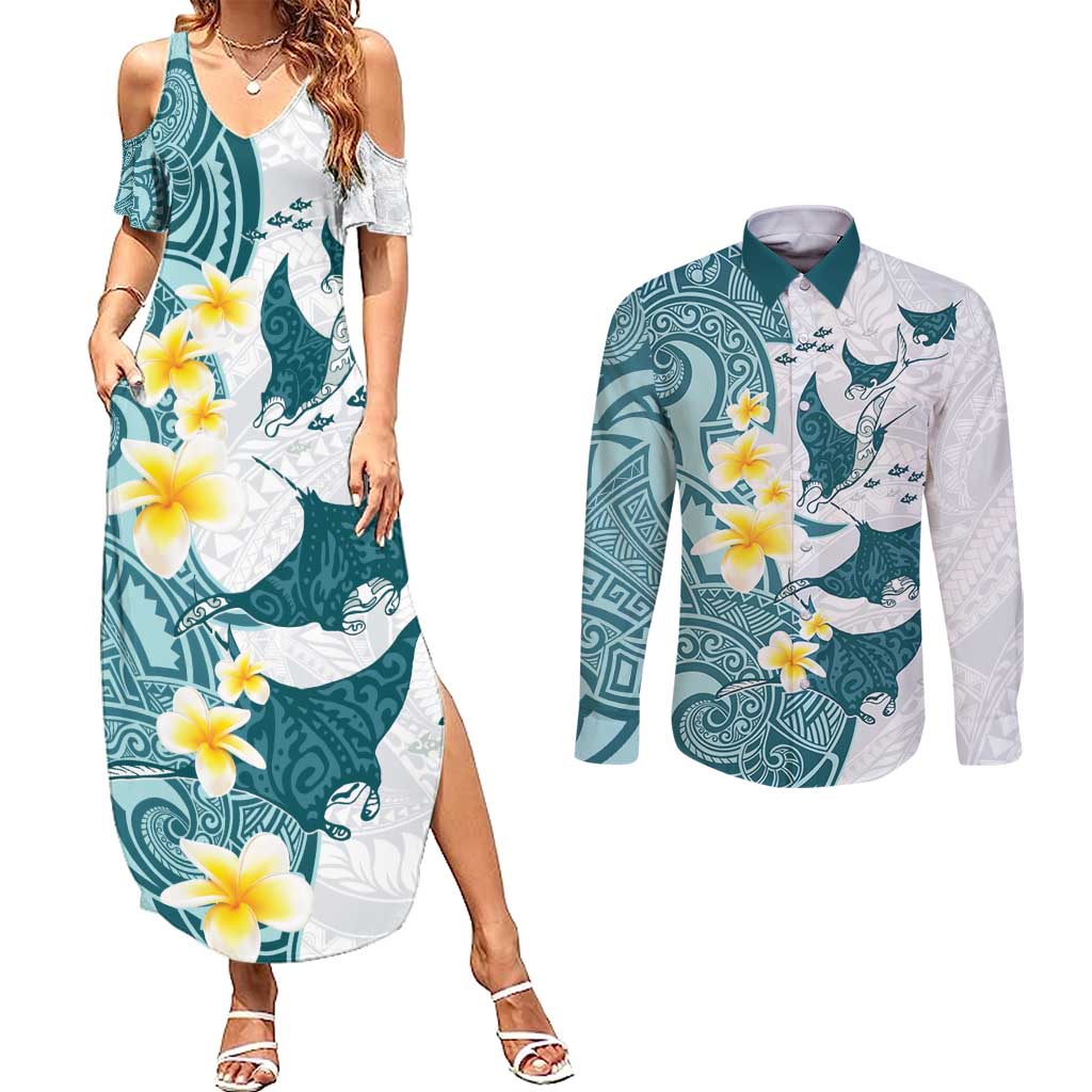 Maori Manta Ray Plumeria Teal Couples Matching Summer Maxi Dress and Long Sleeve Button Shirt LT01 Teal - Polynesian Pride