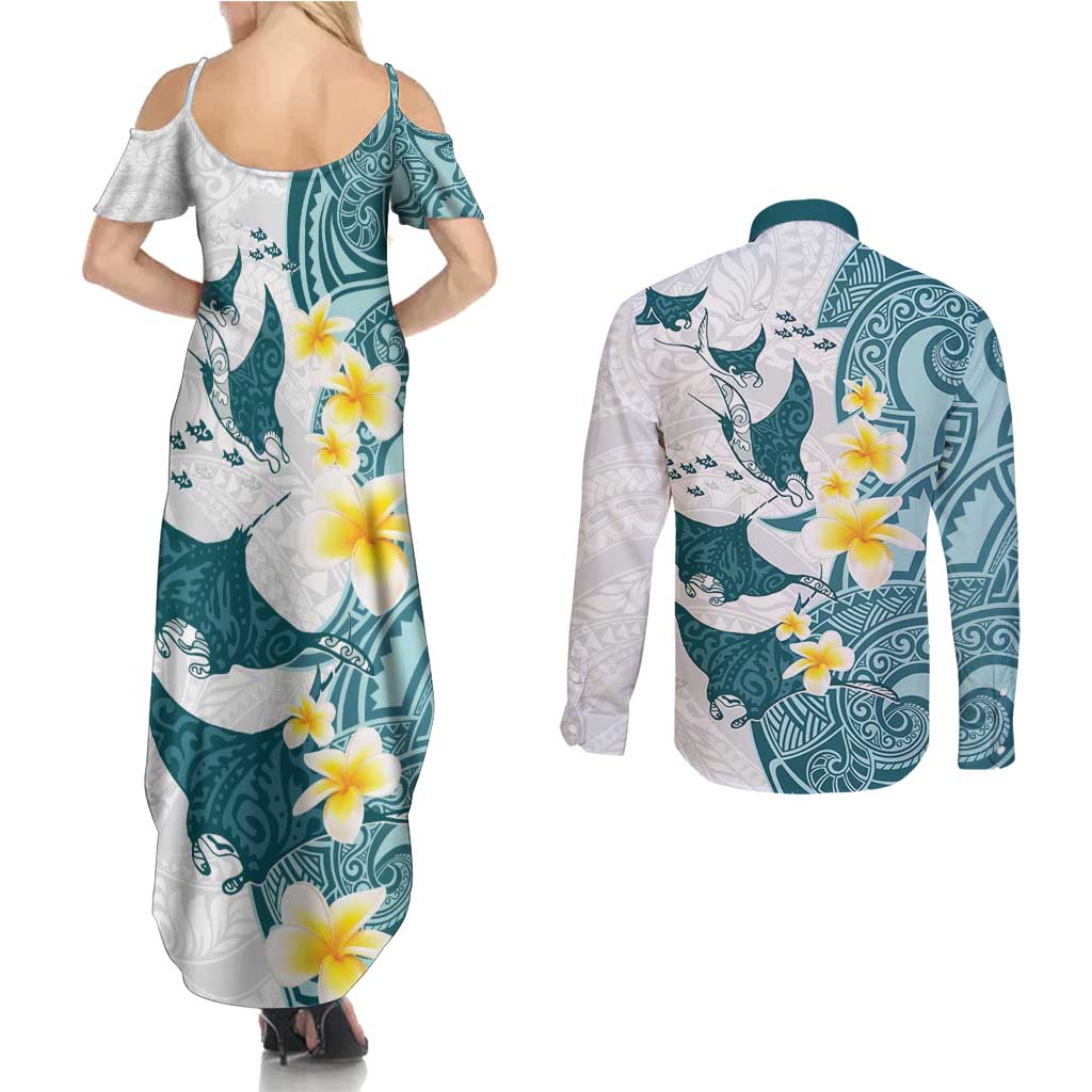 Maori Manta Ray Plumeria Teal Couples Matching Summer Maxi Dress and Long Sleeve Button Shirt LT01 - Polynesian Pride