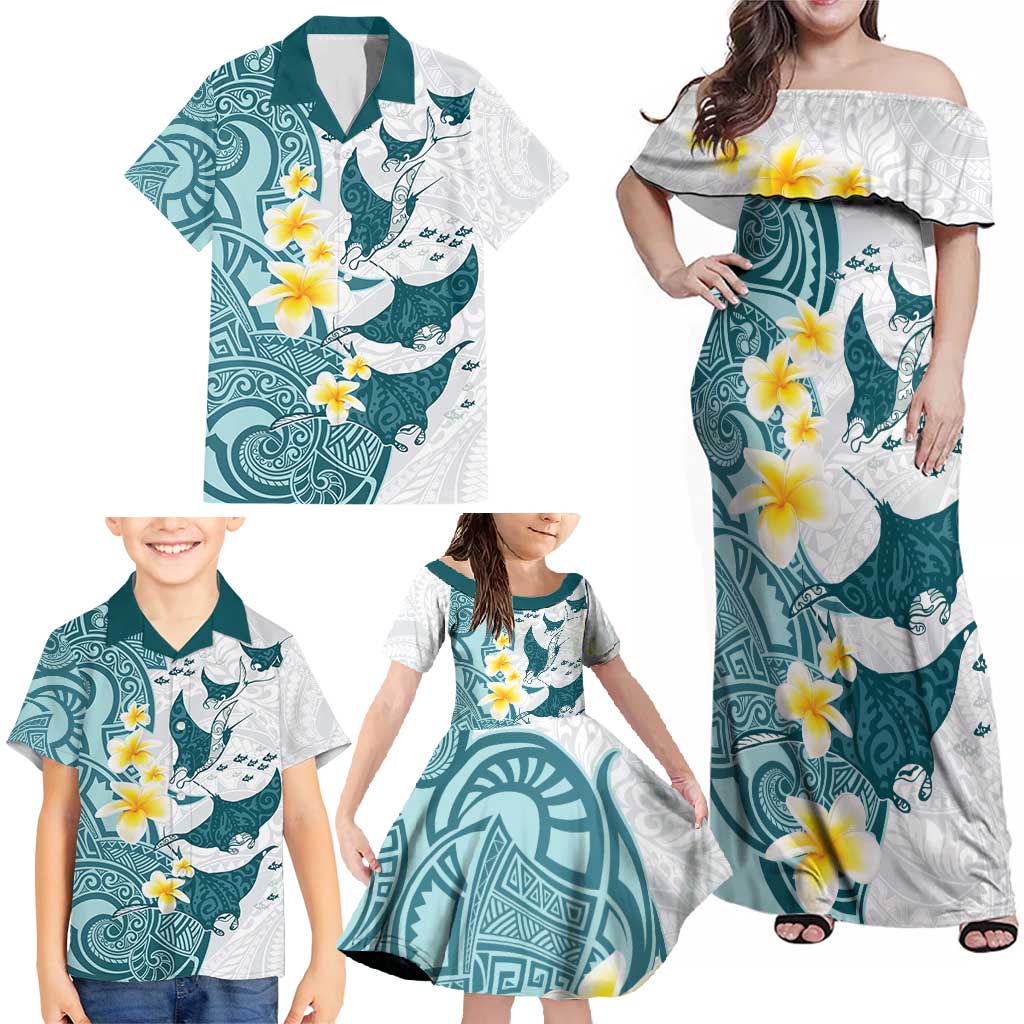 Maori Manta Ray Plumeria Teal Family Matching Off Shoulder Maxi Dress and Hawaiian Shirt