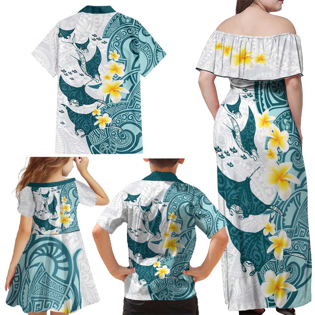 Maori Manta Ray Plumeria Teal Family Matching Off Shoulder Maxi Dress and Hawaiian Shirt