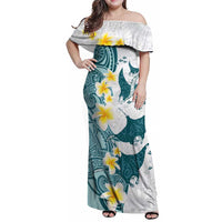 Maori Manta Ray Plumeria Teal Family Matching Off Shoulder Maxi Dress and Hawaiian Shirt