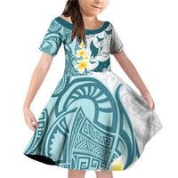 Maori Manta Ray Plumeria Teal Family Matching Off Shoulder Short Dress and Hawaiian Shirt