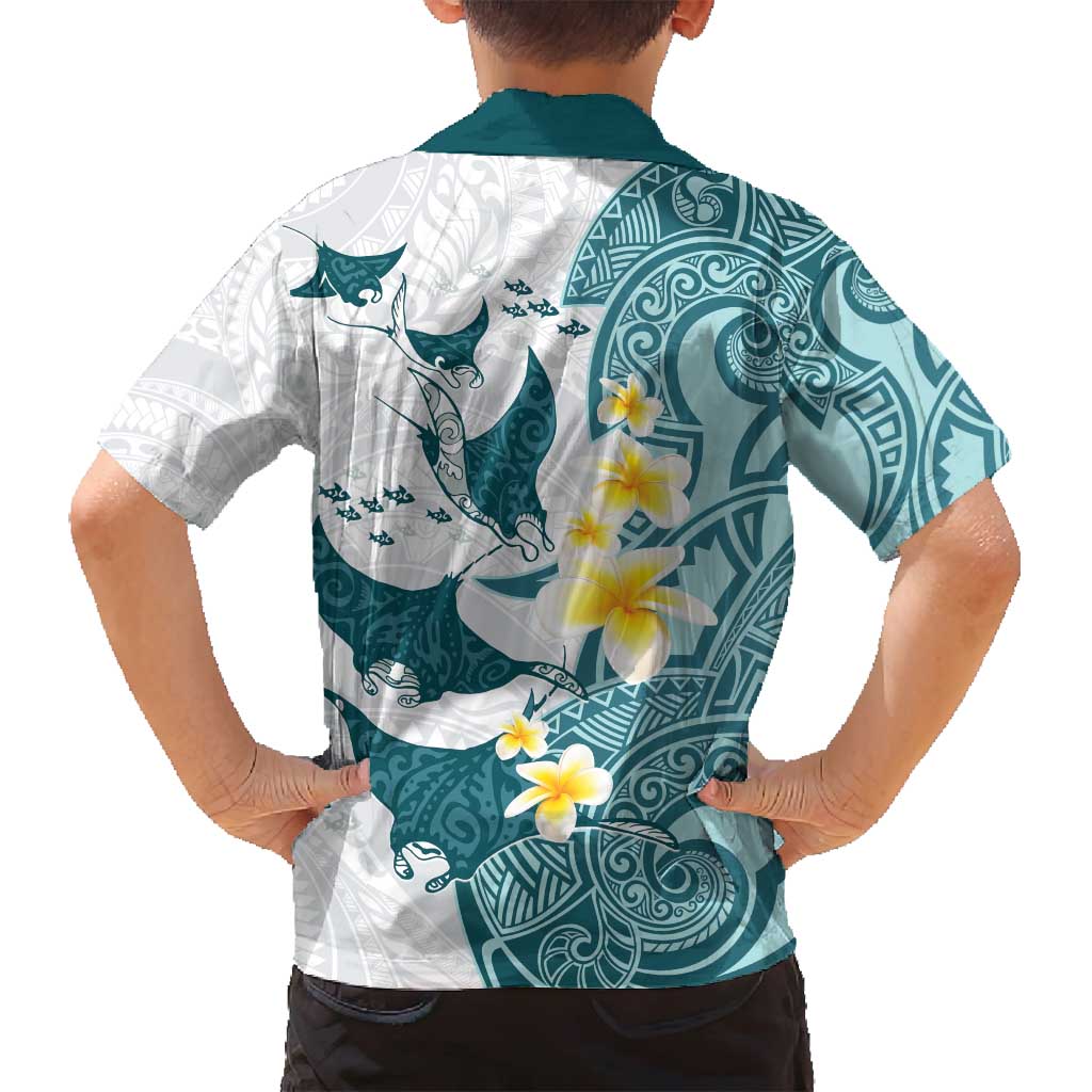 Maori Manta Ray Plumeria Teal Family Matching Puletasi and Hawaiian Shirt