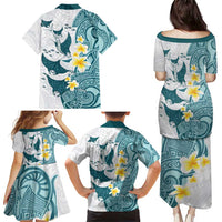 Maori Manta Ray Plumeria Teal Family Matching Puletasi and Hawaiian Shirt