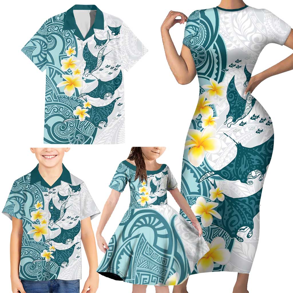 Maori Manta Ray Plumeria Teal Family Matching Short Sleeve Bodycon Dress and Hawaiian Shirt