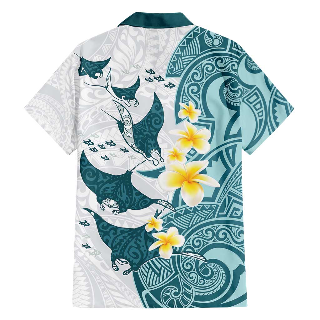 Maori Manta Ray Plumeria Teal Family Matching Short Sleeve Bodycon Dress and Hawaiian Shirt