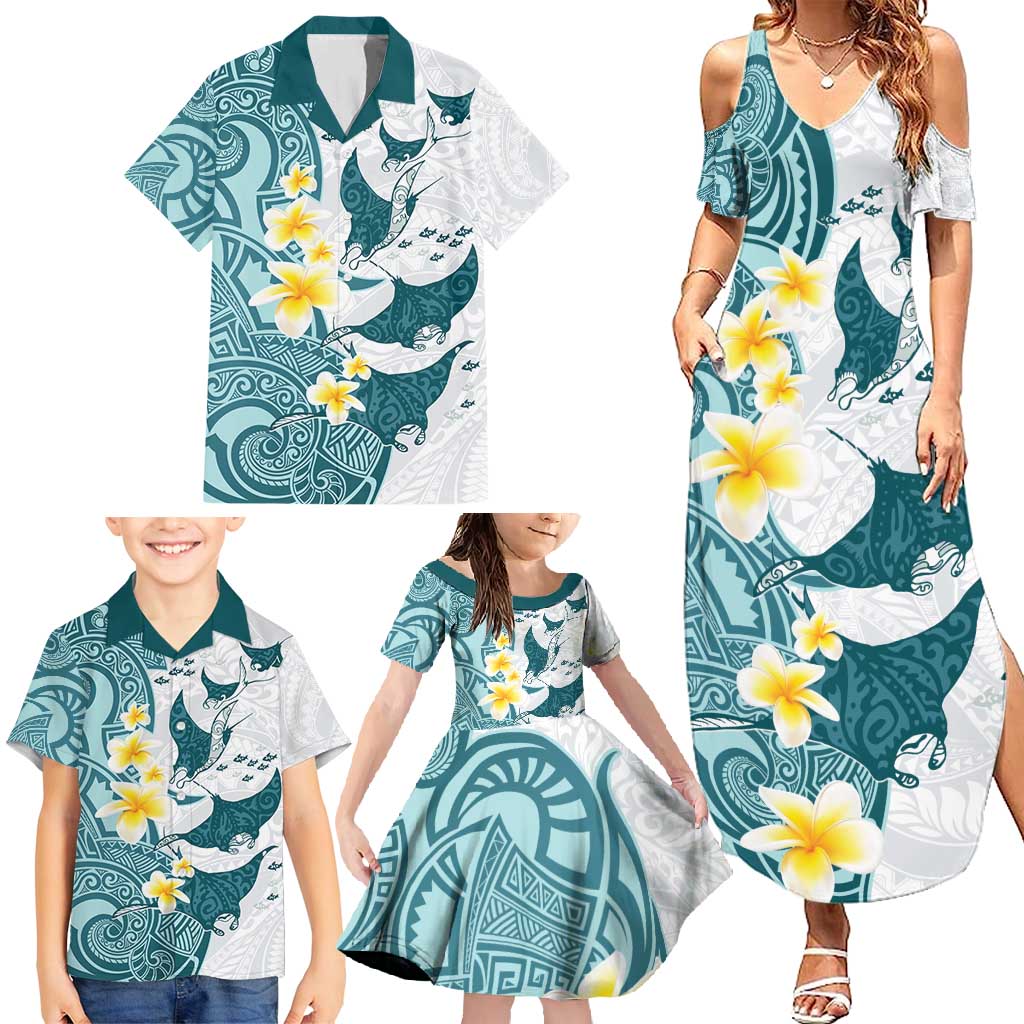 Maori Manta Ray Plumeria Teal Family Matching Summer Maxi Dress and Hawaiian Shirt