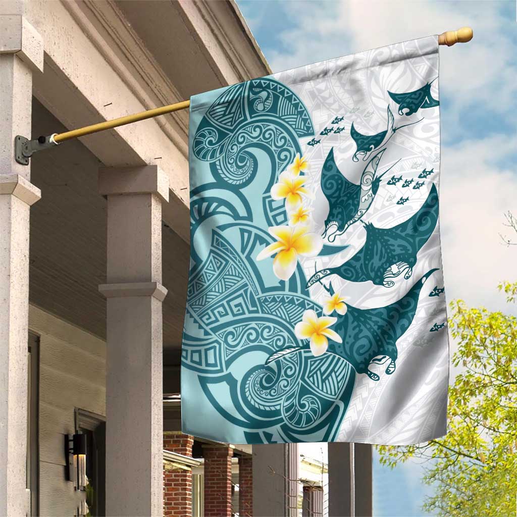 Maori Manta Ray Plumeria Teal Garden Flag