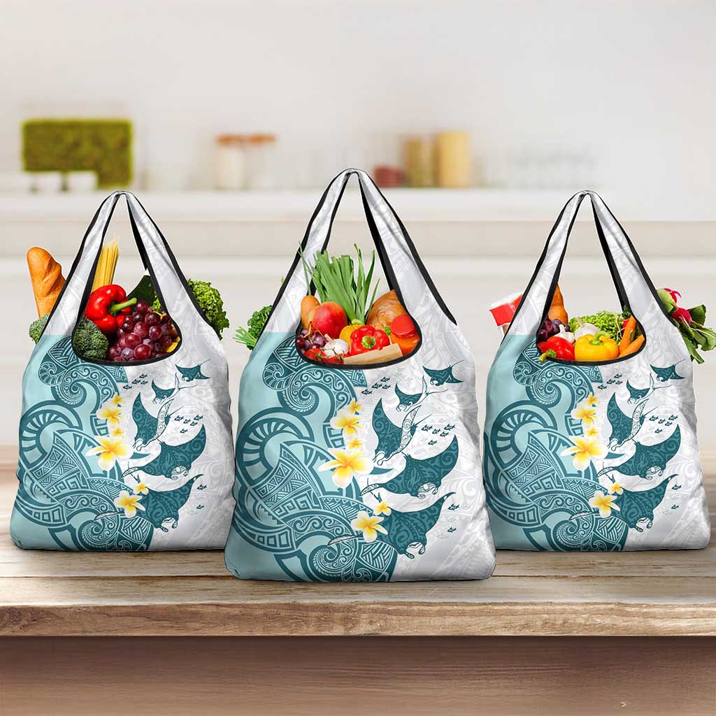 Maori Manta Ray Plumeria Teal Grocery Bag LT01 3-pack One Size Teal - Polynesian Pride