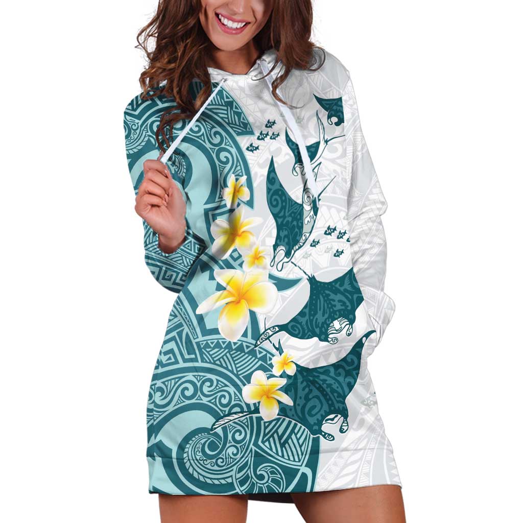 Maori Manta Ray Plumeria Teal Hoodie Dress