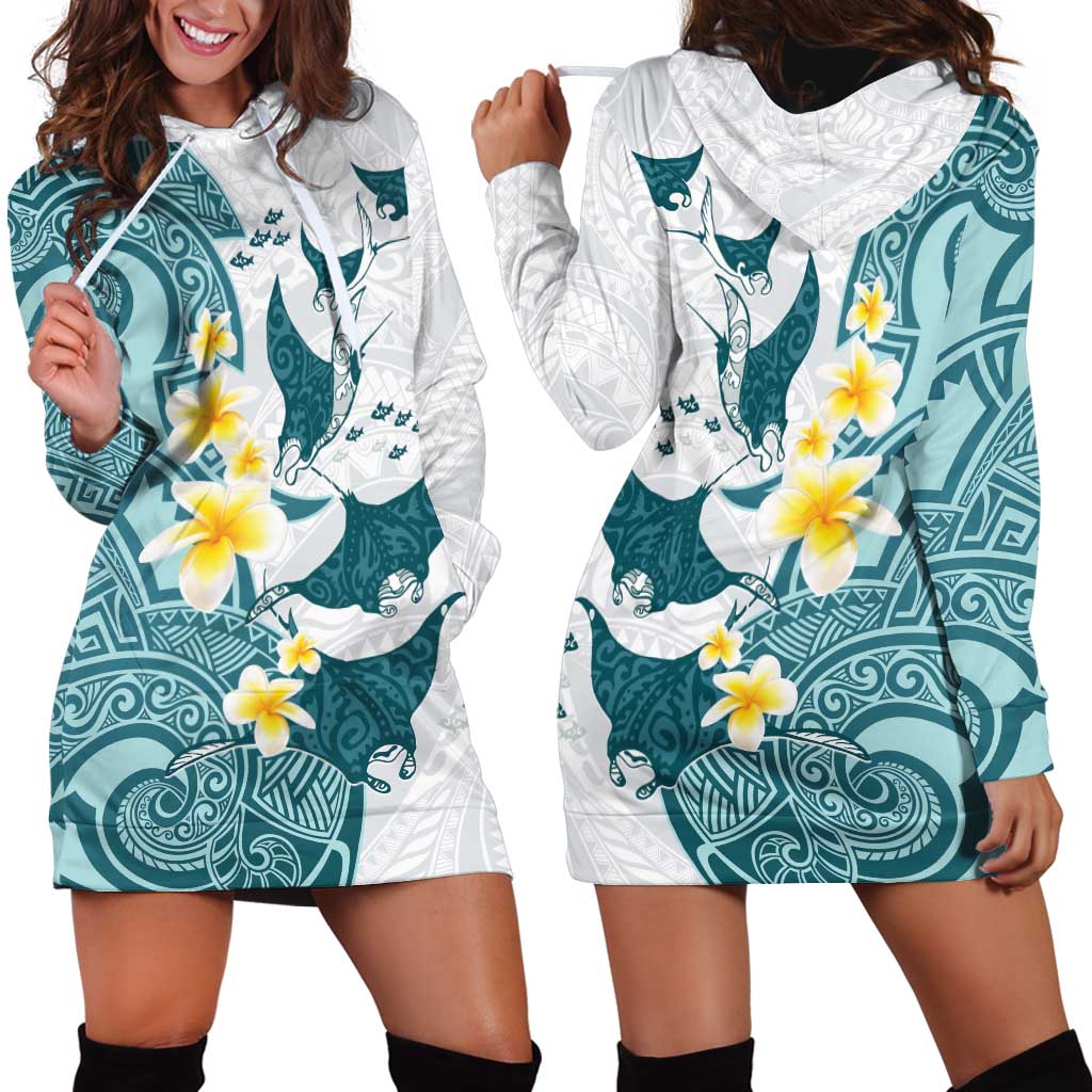 Maori Manta Ray Plumeria Teal Hoodie Dress LT01 - Polynesian Pride