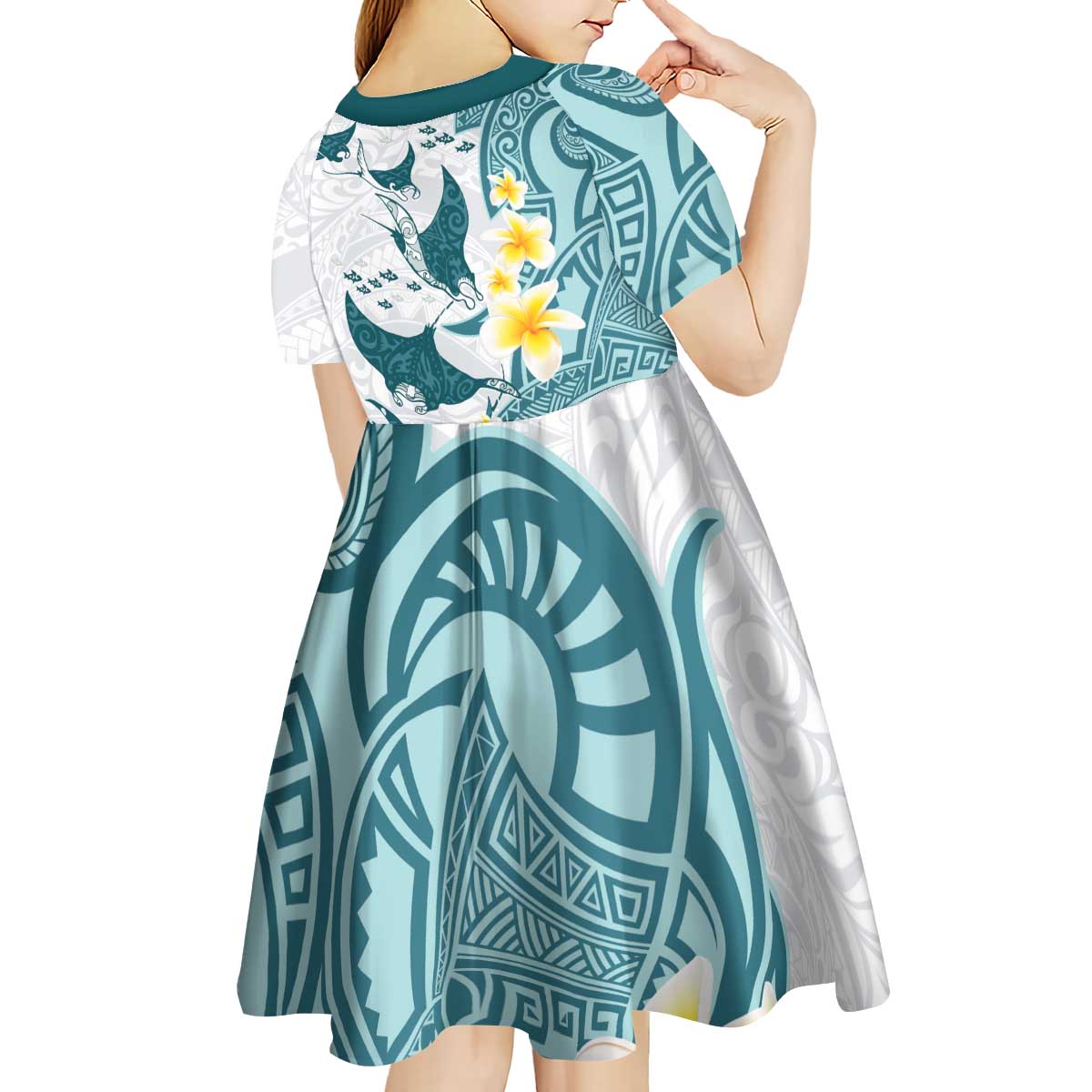 Maori Manta Ray Plumeria Teal Kid Short Sleeve Dress