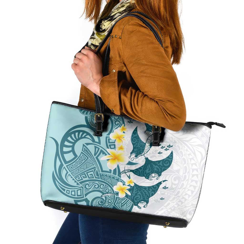 Maori Manta Ray Plumeria Teal Leather Tote Bag