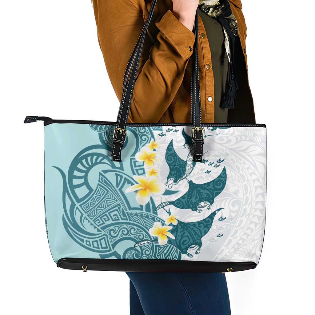 Maori Manta Ray Plumeria Teal Leather Tote Bag LT01 - Polynesian Pride