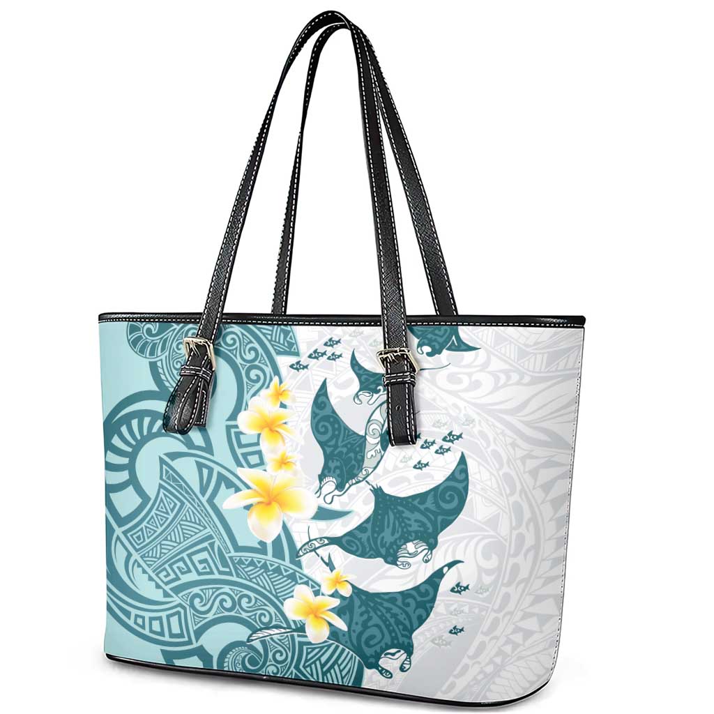 Maori Manta Ray Plumeria Teal Leather Tote Bag LT01 - Polynesian Pride