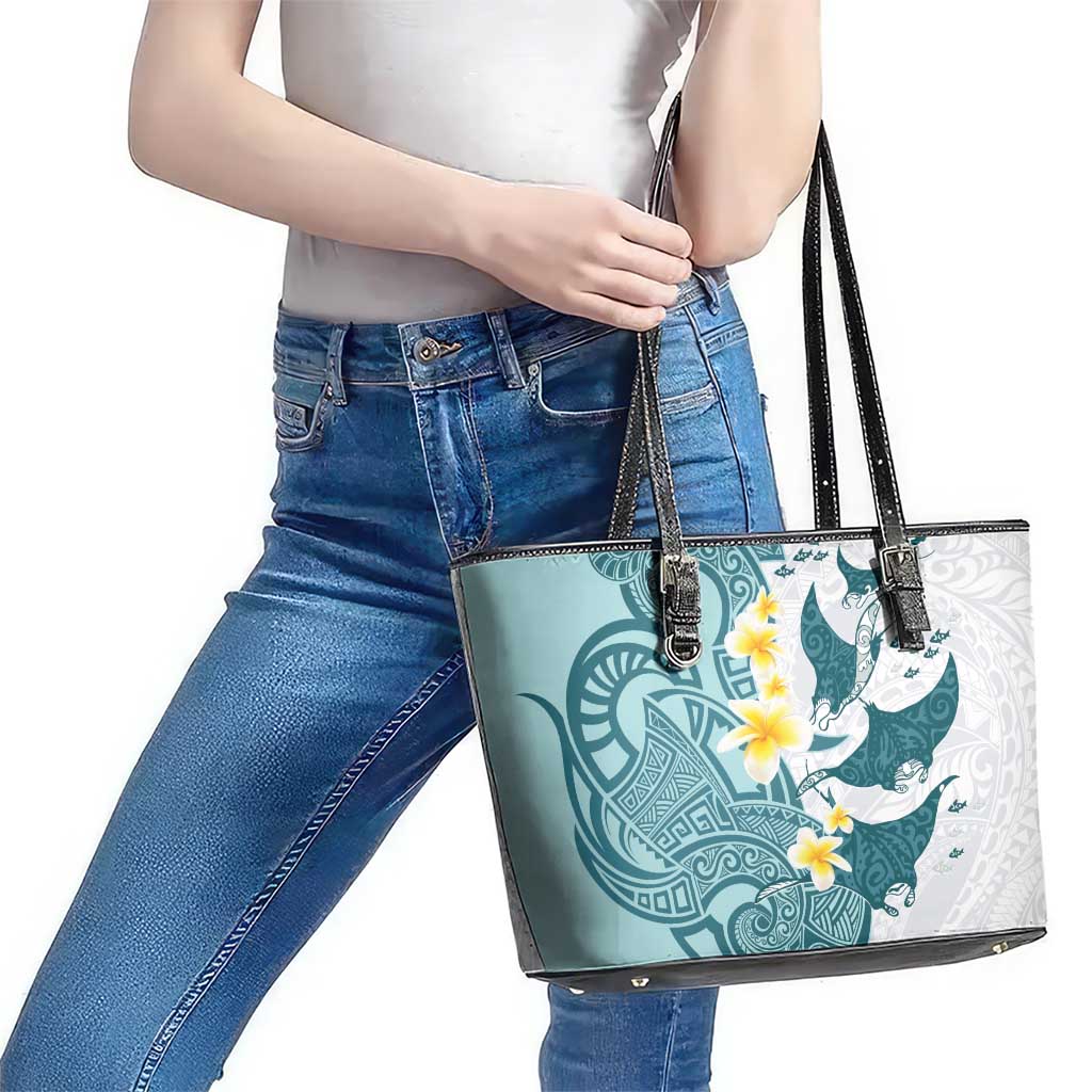 Maori Manta Ray Plumeria Teal Leather Tote Bag LT01 - Polynesian Pride