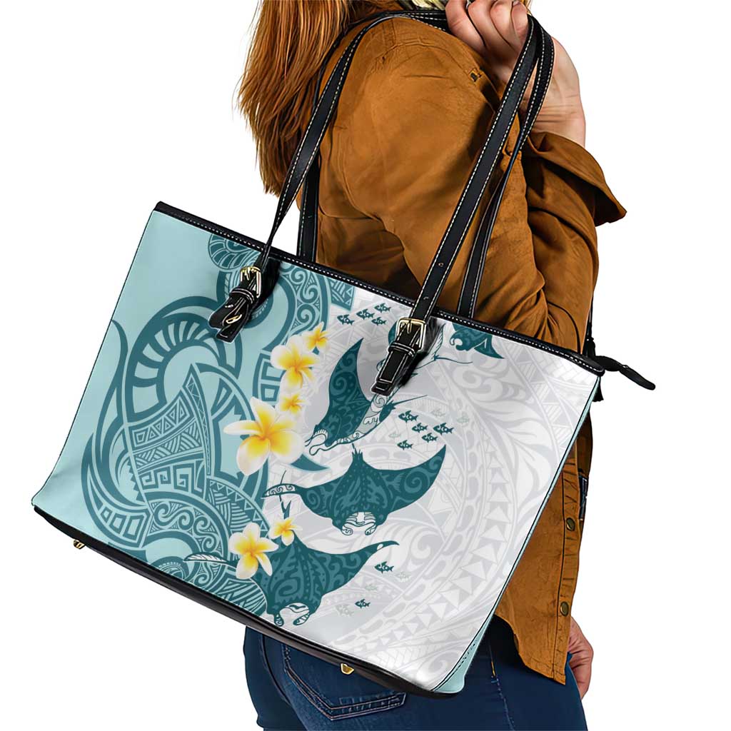 Maori Manta Ray Plumeria Teal Leather Tote Bag LT01 - Polynesian Pride